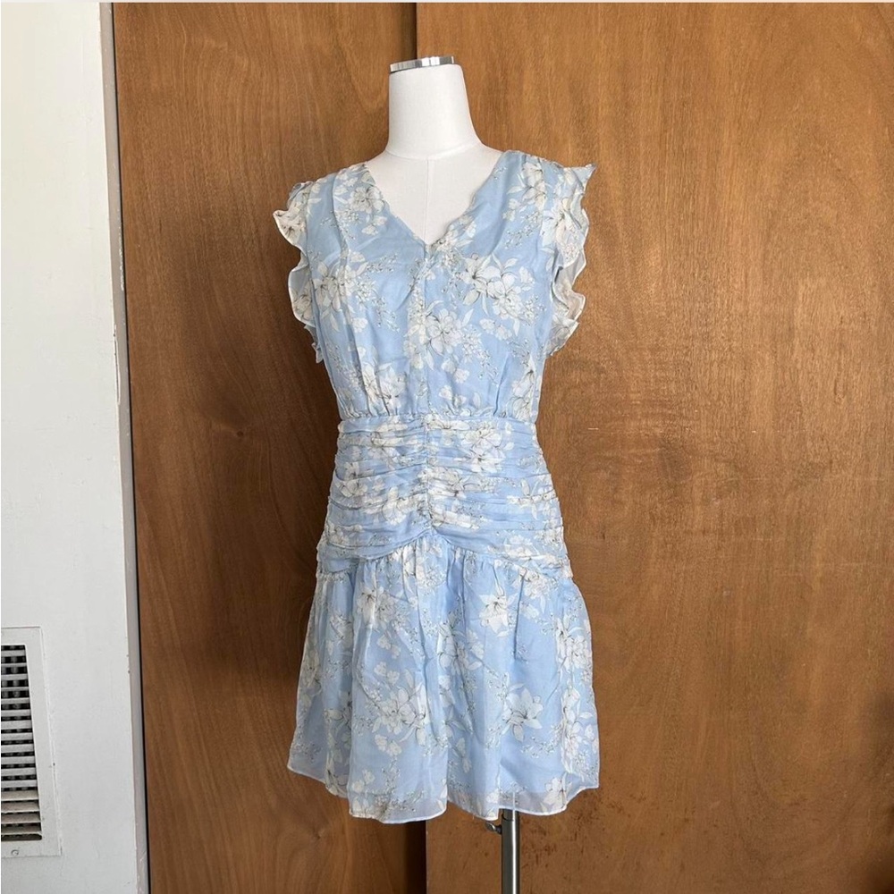 Intermix Vintage Vibe Light Blue Floral Silk Mini Dress Ruffled & Ruched - Picture 7 of 13